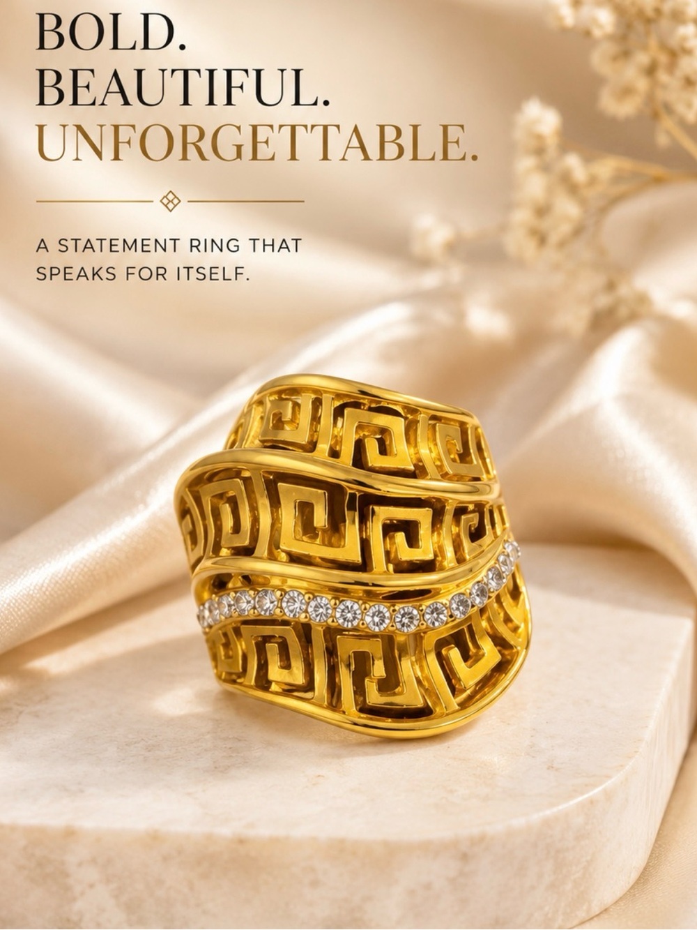 Gold Statement Ring with Crystal Accent - Women Jewelry